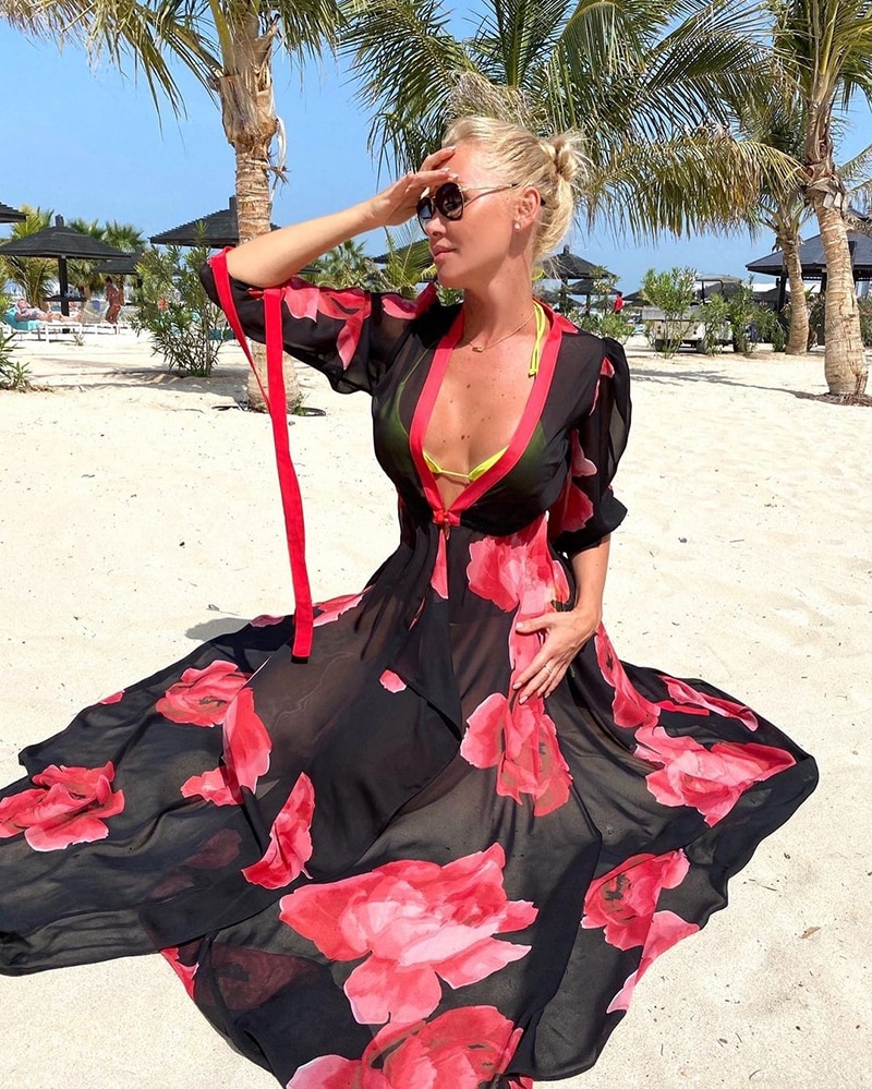 2021 Women Swimsuit Cover Up Sleeve Kaftan Beach Tunic Dress Robe De Plage Solid White Cotton Pareo  High Collar Beachwear