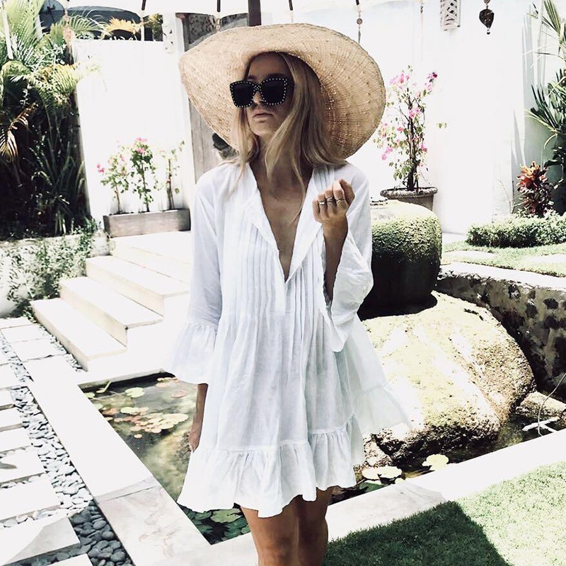 2021 Women Swimsuit Cover Up Sleeve Kaftan Beach Tunic Dress Robe De Plage Solid White Cotton Pareo  High Collar Beachwear