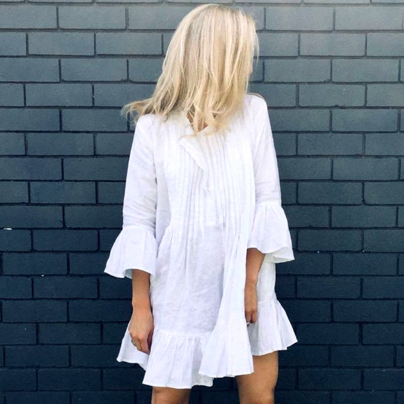 2021 Women Swimsuit Cover Up Sleeve Kaftan Beach Tunic Dress Robe De Plage Solid White Cotton Pareo  High Collar Beachwear