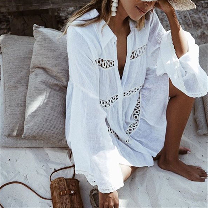 2021 Women Swimsuit Cover Up Sleeve Kaftan Beach Tunic Dress Robe De Plage Solid White Cotton Pareo  High Collar Beachwear