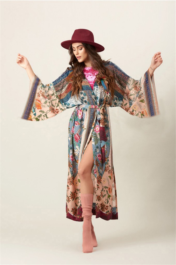 Bohemian Printed Bikini Cover-ups Elegant Self Belted Kimono Dress Tunic Women Plus Size Beach Wear Swim Suit Cover Up Q1228