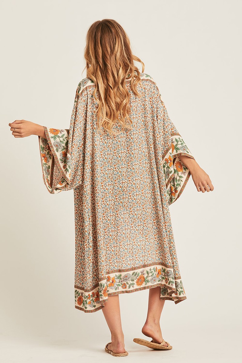 Bohemian Printed Bikini Cover-ups Elegant Self Belted Kimono Dress Tunic Women Plus Size Beach Wear Swim Suit Cover Up Q1228