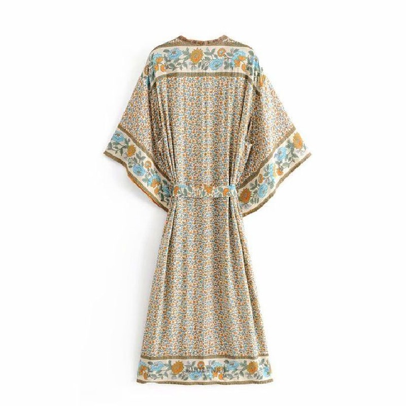 Bohemian Printed Bikini Cover-ups Elegant Self Belted Kimono Dress Tunic Women Plus Size Beach Wear Swim Suit Cover Up Q1228