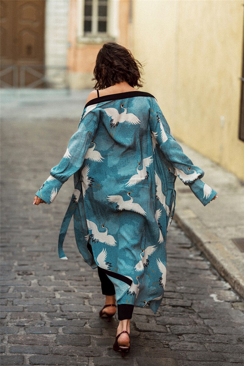 Bohemian Printed Bikini Cover-ups Elegant Self Belted Kimono Dress Tunic Women Plus Size Beach Wear Swim Suit Cover Up Q1228