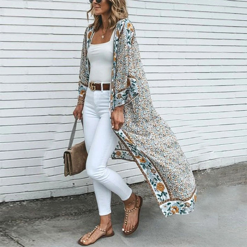 Bohemian Printed Bikini Cover-ups Elegant Self Belted Kimono Dress Tunic Women Plus Size Beach Wear Swim Suit Cover Up Q1228