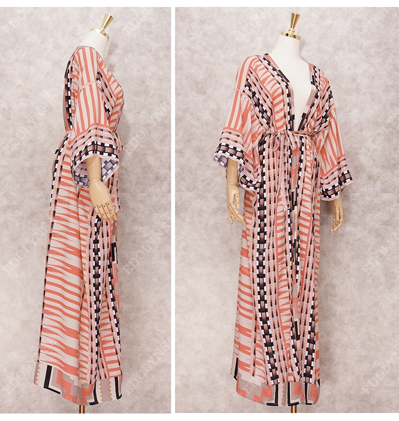 Bohemian Printed Bikini Cover-ups Elegant Self Belted Kimono Dress Tunic Women Plus Size Beach Wear Swim Suit Cover Up Q1228