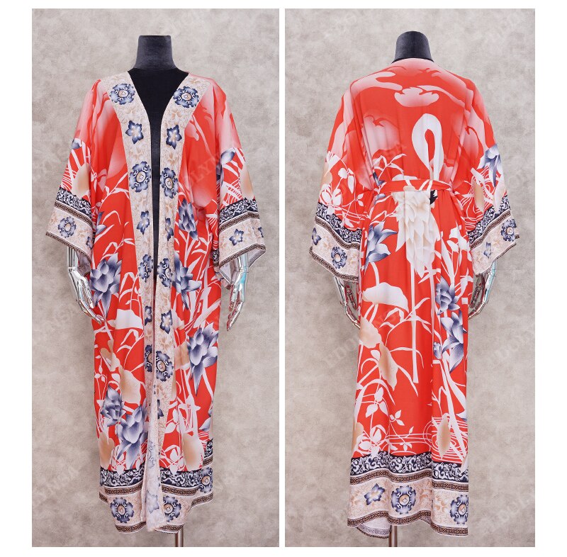 Bohemian Printed Bikini Cover-ups Elegant Self Belted Kimono Dress Tunic Women Plus Size Beach Wear Swim Suit Cover Up Q1228