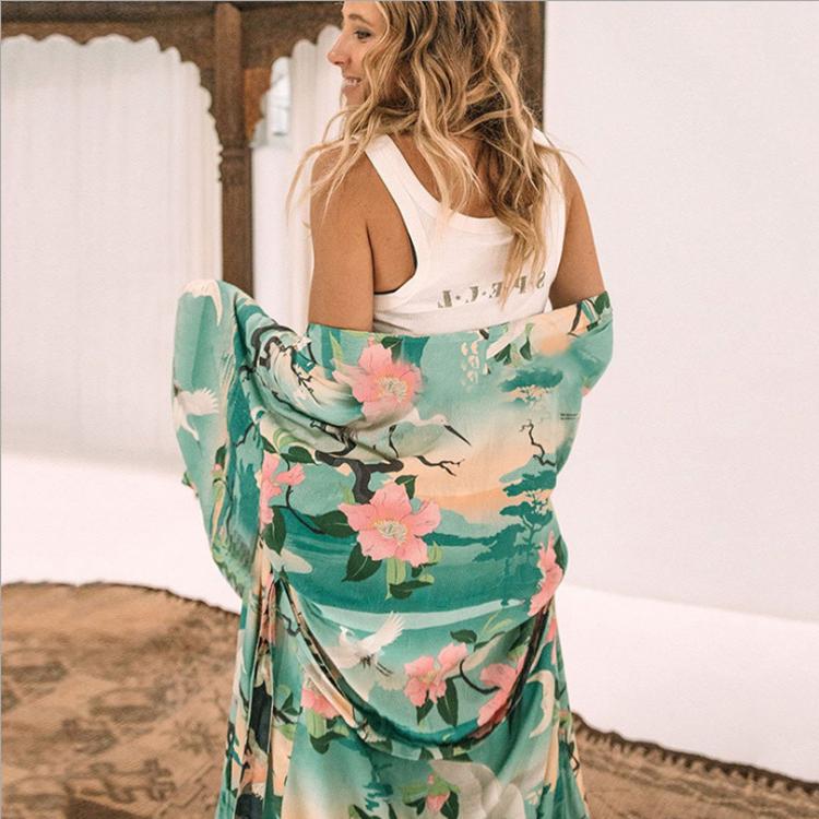 Bohemian Printed Bikini Cover-ups Elegant Self Belted Kimono Dress Tunic Women Plus Size Beach Wear Swim Suit Cover Up Q1228