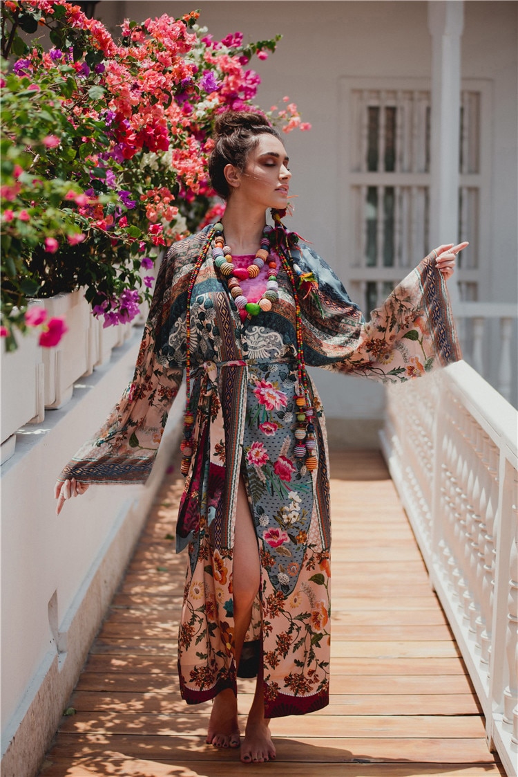 Bohemian Printed Bikini Cover-ups Elegant Self Belted Kimono Dress Tunic Women Plus Size Beach Wear Swim Suit Cover Up Q1228