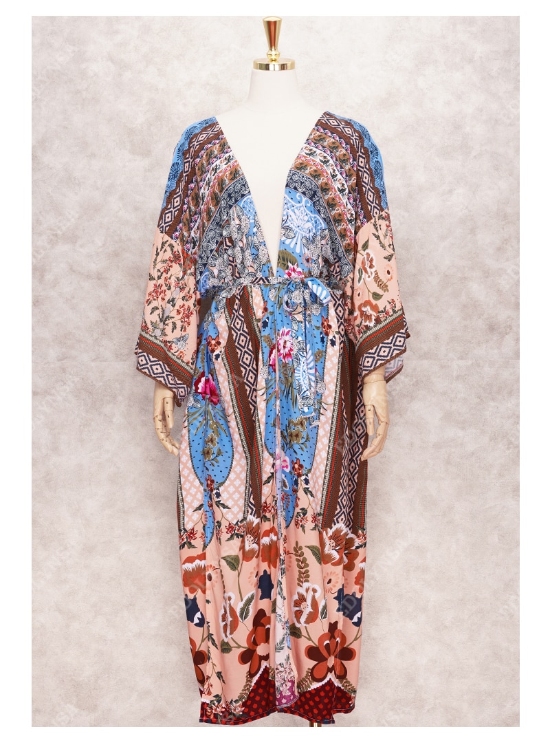 Bohemian Printed Bikini Cover-ups Elegant Self Belted Kimono Dress Tunic Women Plus Size Beach Wear Swim Suit Cover Up Q1228