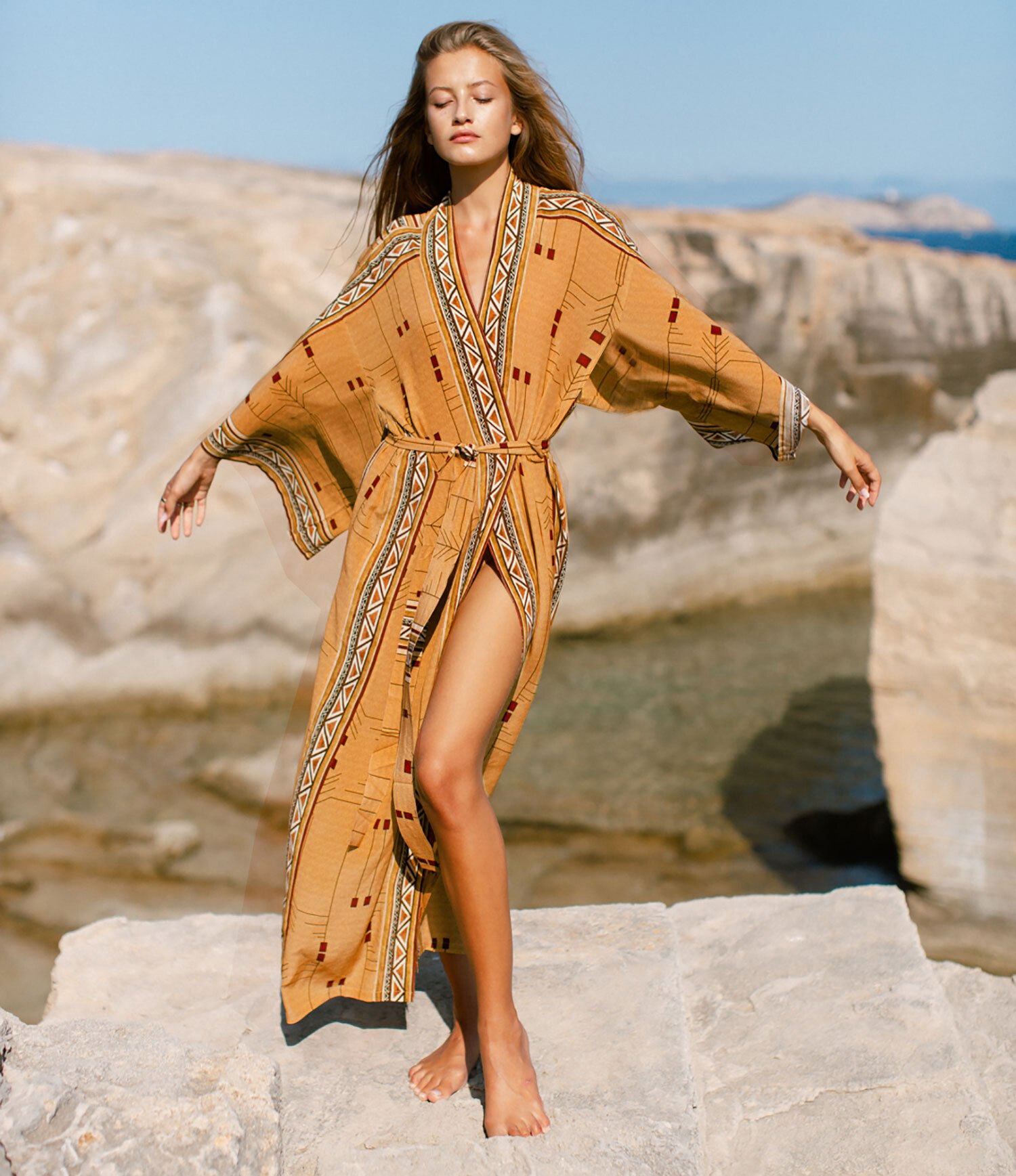 Bohemian Printed Bikini Cover-ups Elegant Self Belted Kimono Dress Tunic Women Plus Size Beach Wear Swim Suit Cover Up Q1228