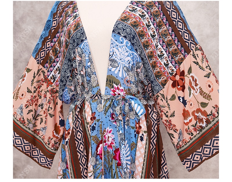 Bohemian Printed Bikini Cover-ups Elegant Self Belted Kimono Dress Tunic Women Plus Size Beach Wear Swim Suit Cover Up Q1228