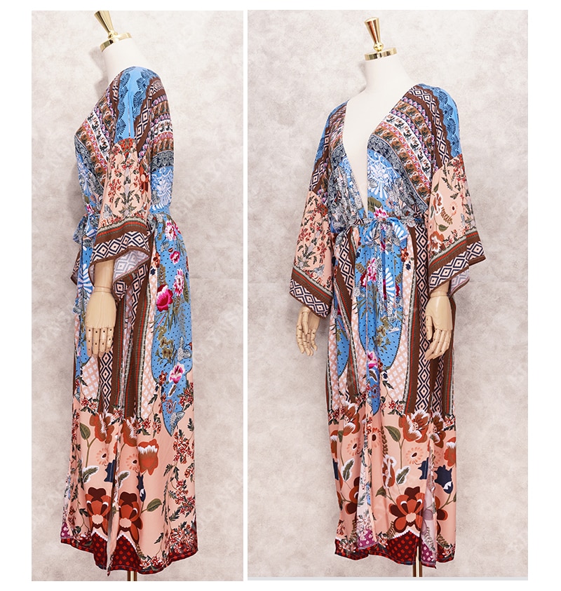 Bohemian Printed Bikini Cover-ups Elegant Self Belted Kimono Dress Tunic Women Plus Size Beach Wear Swim Suit Cover Up Q1228