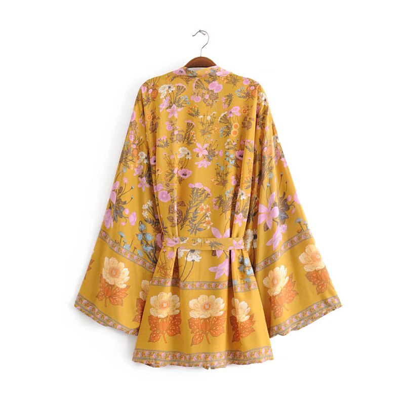 Boho Vintage Multi Floral Print Sashes kimono Women bohemian V Neck batwing Sleeves rayon happie short Boho bikini cover-ups