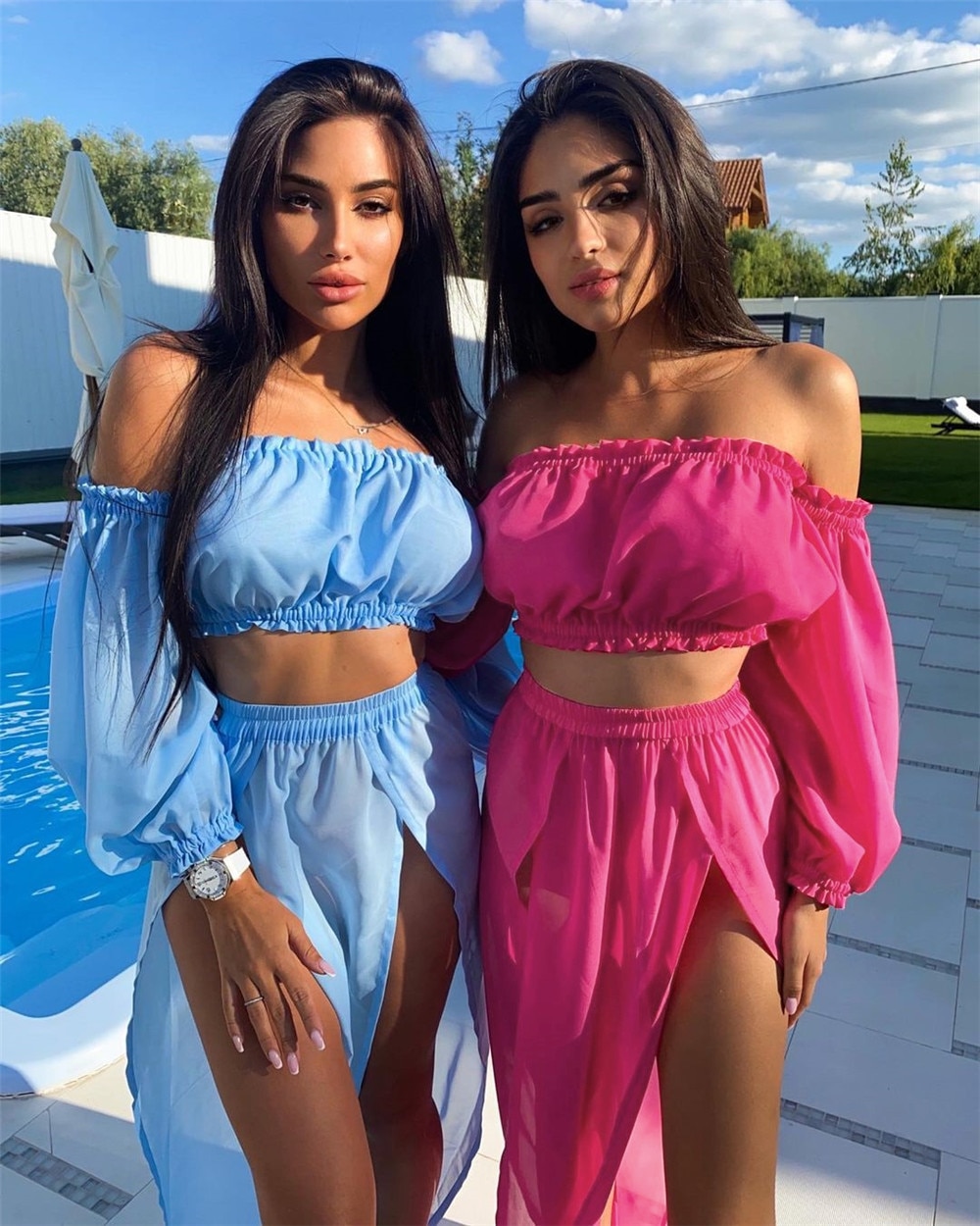 2021 Bikini Beach Cover Up Swimsuit Two Piece Dress Swimwear Women Summer Ladies Bathing Suit Solid Wear Tunic