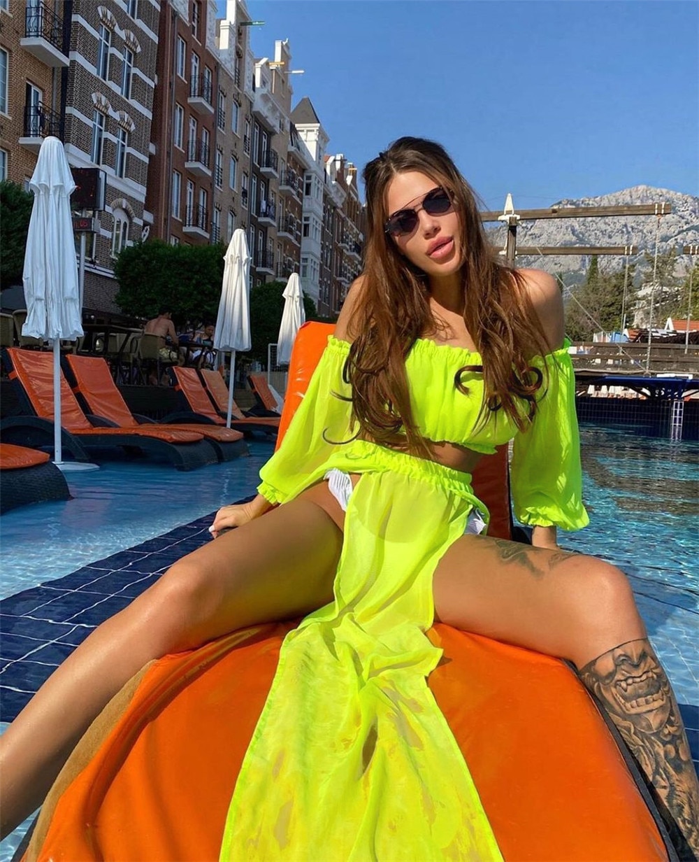 2021 Bikini Beach Cover Up Swimsuit Two Piece Dress Swimwear Women Summer Ladies Bathing Suit Solid Wear Tunic