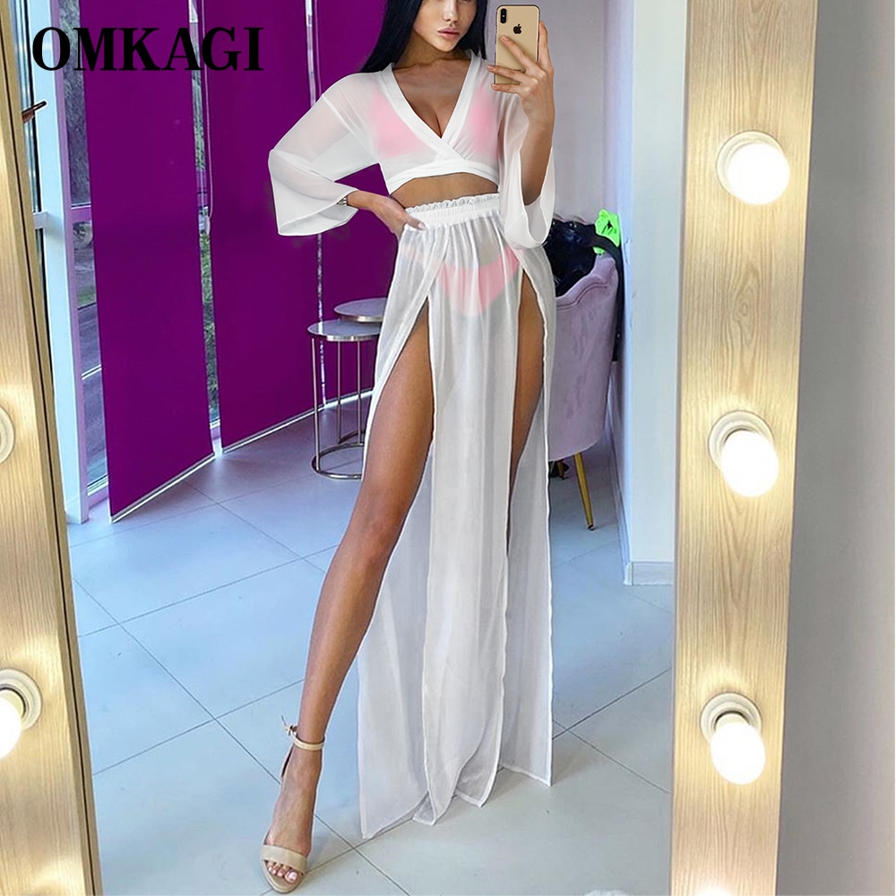 OMKAGI Cover Ups Beach Dress Bikini Solid Sexy Mech Bathing Suit Two Pieces Dress Robe Pareo Swimsuit Cover Ups Beach Tunic