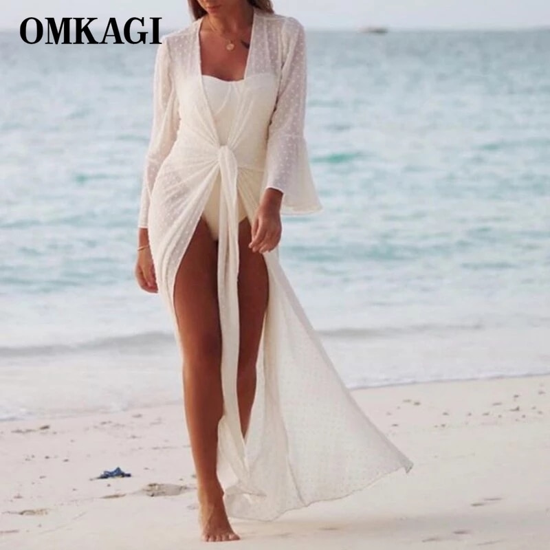 OMKAGI Cover Ups Beach Dress Bikini Solid Sexy Mech Bathing Suit Two Pieces Dress Robe Pareo Swimsuit Cover Ups Beach Tunic