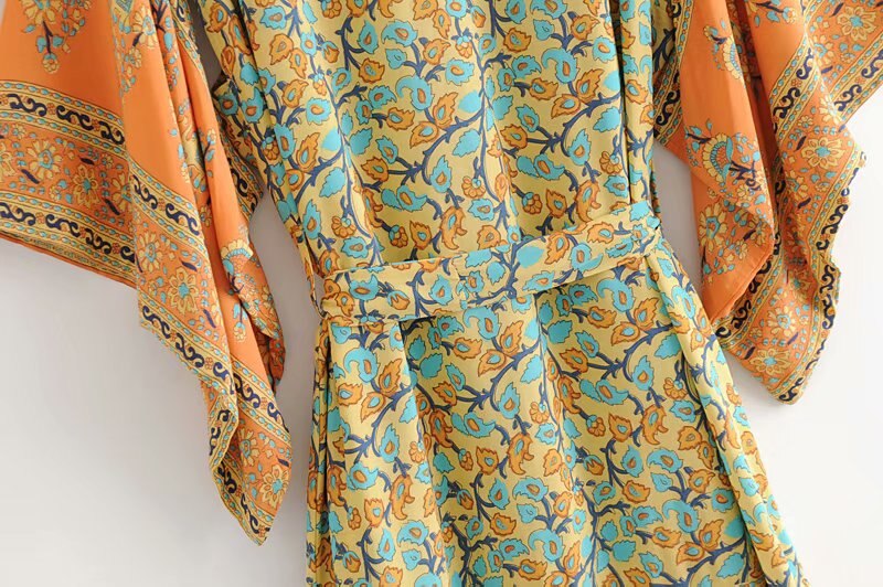 Vintage chic Women  yellow Floral Print Sashes  bohemian Kimono Ladies V Neck batwing Sleeves  Boho Maxi bikini cover-ups
