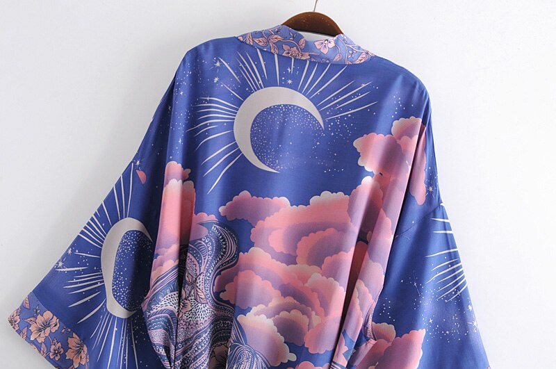 Boho Vintage blue Floral Print Sashes  Women bohemian V Neck batwing Sleeves  happie short robe Kimono