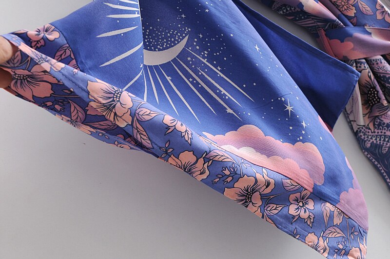Boho Vintage blue Floral Print Sashes  Women bohemian V Neck batwing Sleeves  happie short robe Kimono