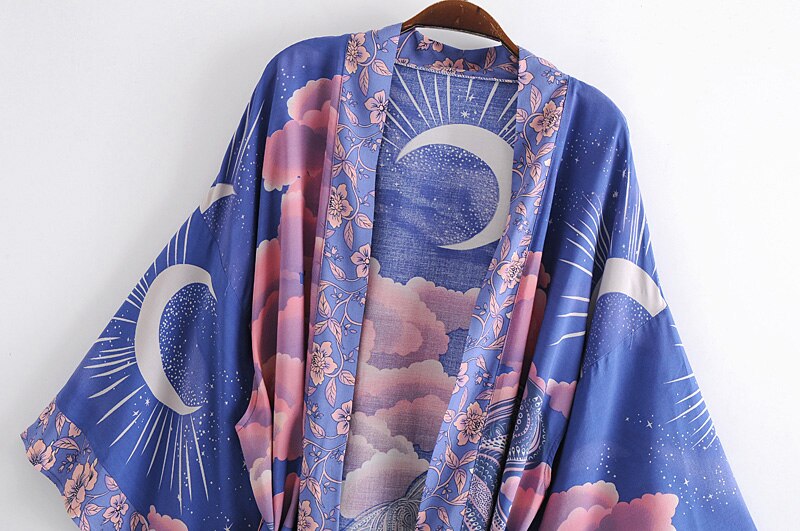 Boho Vintage blue Floral Print Sashes  Women bohemian V Neck batwing Sleeves  happie short robe Kimono