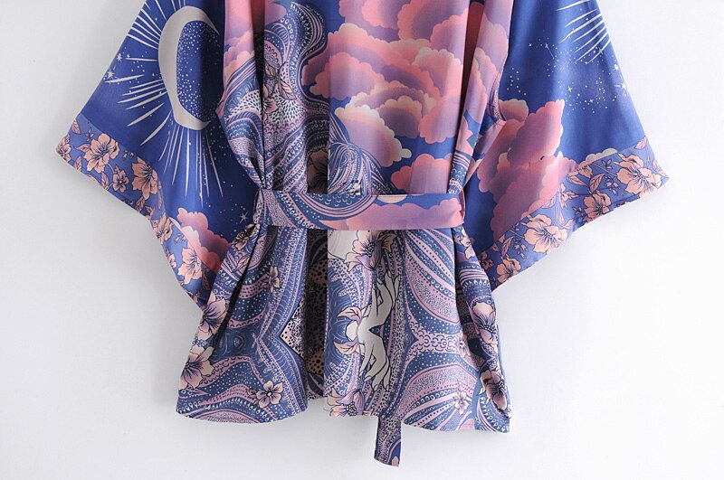 Boho Vintage blue Floral Print Sashes  Women bohemian V Neck batwing Sleeves  happie short robe Kimono