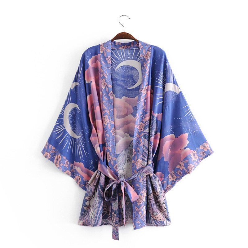 Boho Vintage blue Floral Print Sashes  Women bohemian V Neck batwing Sleeves  happie short robe Kimono