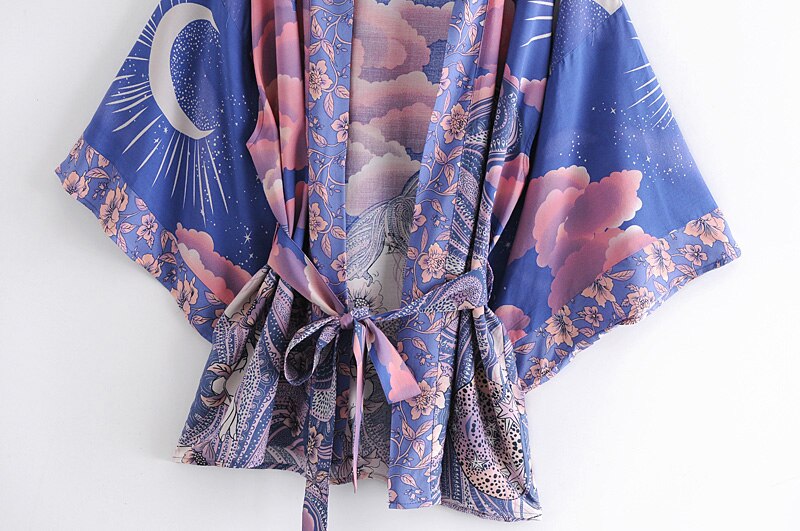 Boho Vintage blue Floral Print Sashes  Women bohemian V Neck batwing Sleeves  happie short robe Kimono