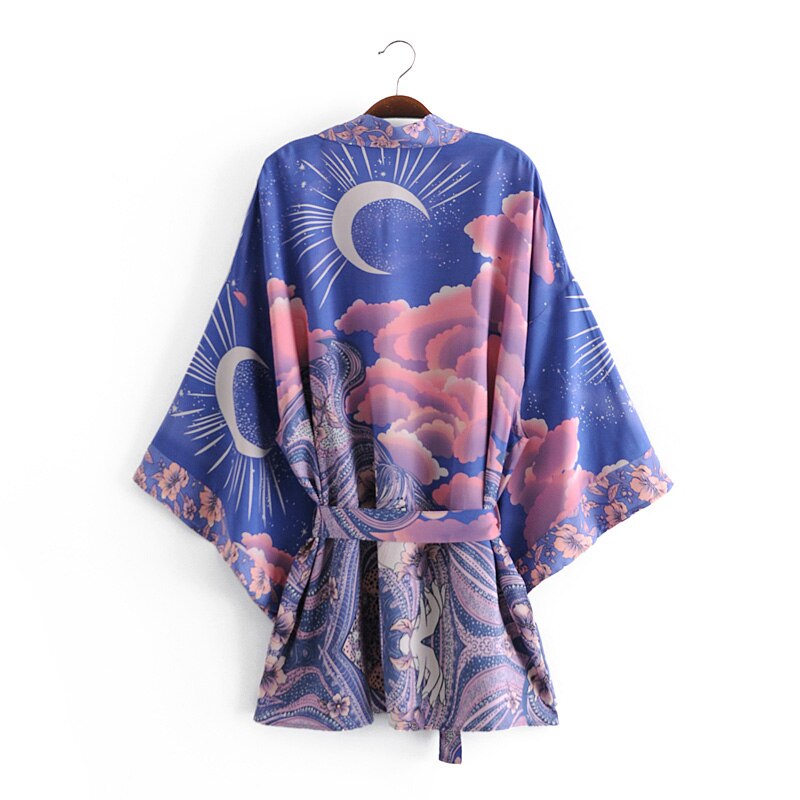 Boho Vintage blue Floral Print Sashes  Women bohemian V Neck batwing Sleeves  happie short robe Kimono