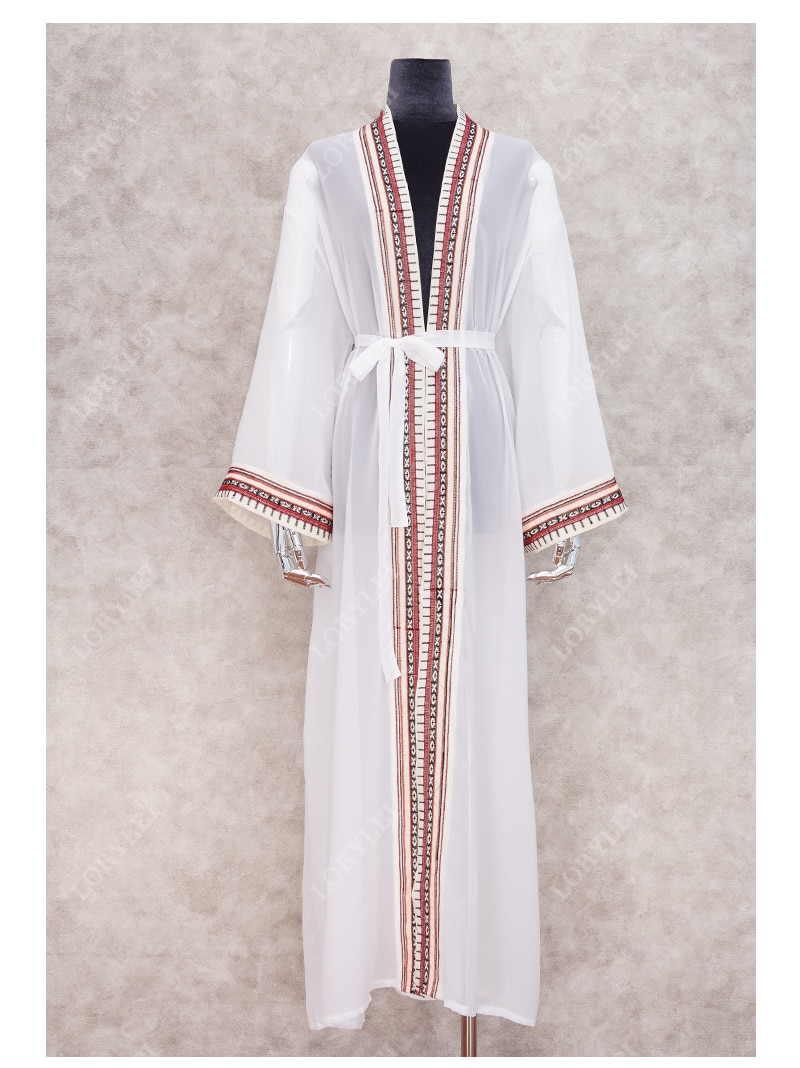 2021 Sexy See Through Embroidered Long Kimono Cardigan White Chiffon Tunic Plus Size Beachwear Women Tops and Blouses Q1038