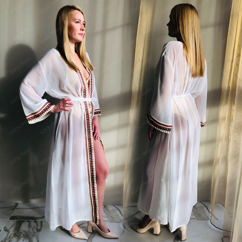 2021 Sexy See Through Embroidered Long Kimono Cardigan White Chiffon Tunic Plus Size Beachwear Women Tops and Blouses Q1038