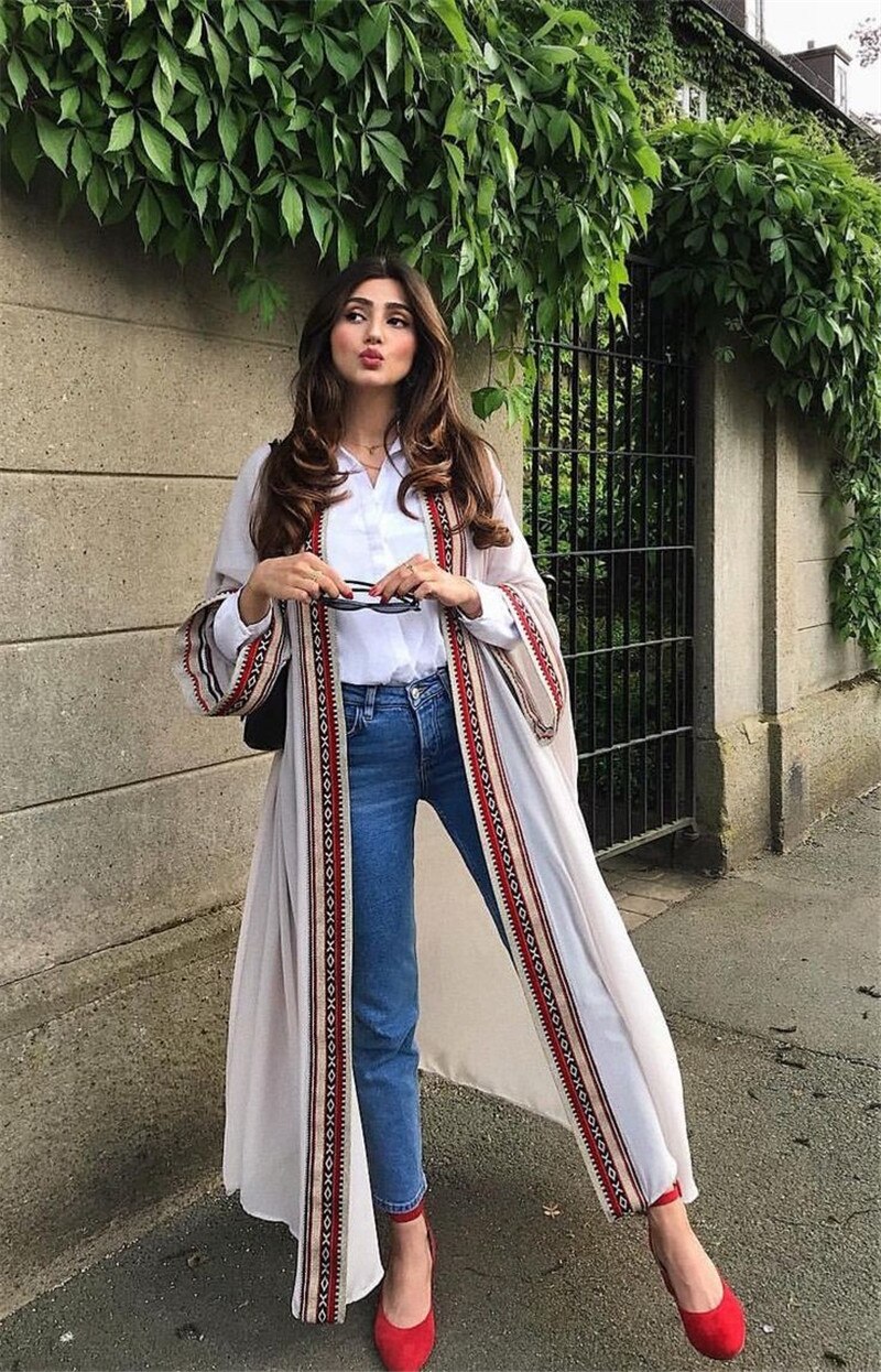 2021 Sexy See Through Embroidered Long Kimono Cardigan White Chiffon Tunic Plus Size Beachwear Women Tops and Blouses Q1038