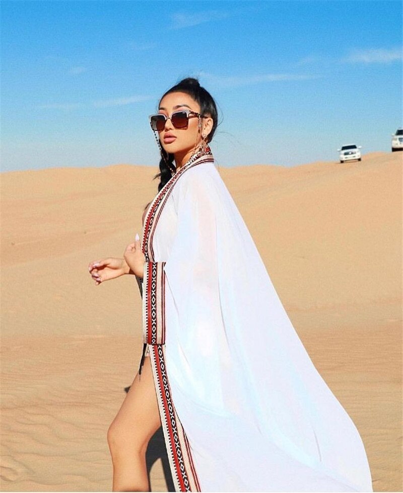 2021 Sexy See Through Embroidered Long Kimono Cardigan White Chiffon Tunic Plus Size Beachwear Women Tops and Blouses Q1038