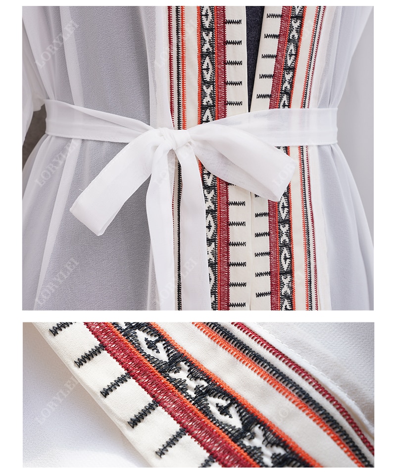 2021 Sexy See Through Embroidered Long Kimono Cardigan White Chiffon Tunic Plus Size Beachwear Women Tops and Blouses Q1038