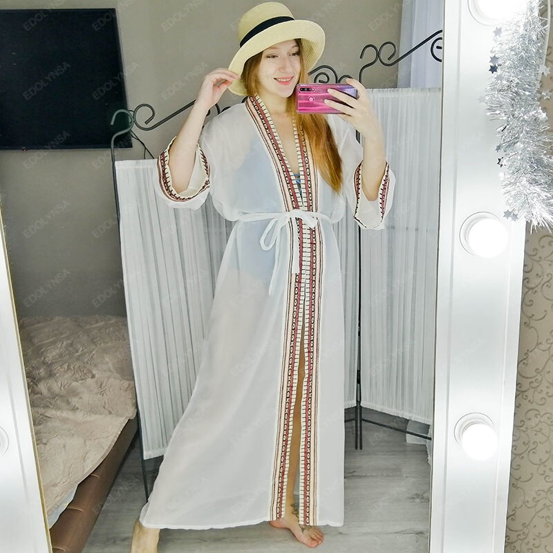 2021 Sexy See Through Embroidered Long Kimono Cardigan White Chiffon Tunic Plus Size Beachwear Women Tops and Blouses Q1038