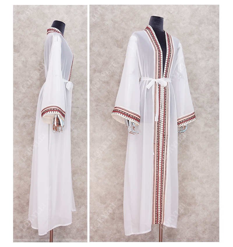 2021 Sexy See Through Embroidered Long Kimono Cardigan White Chiffon Tunic Plus Size Beachwear Women Tops and Blouses Q1038