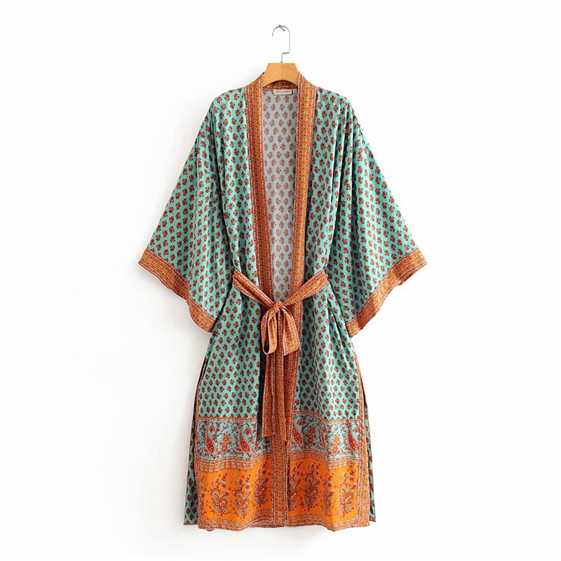 Boho Queens Vintage peacock Print Sashes Kimono Women bohemian V Neck batwing Sleeves Maxi robe