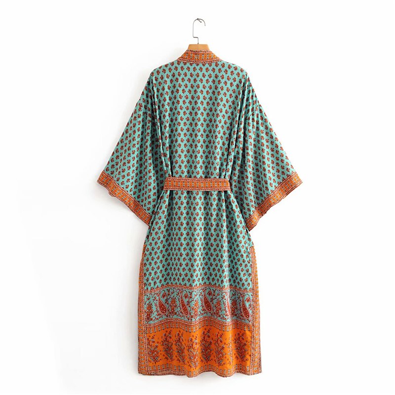 Boho Queens Vintage peacock Print Sashes Kimono Women bohemian V Neck batwing Sleeves Maxi robe