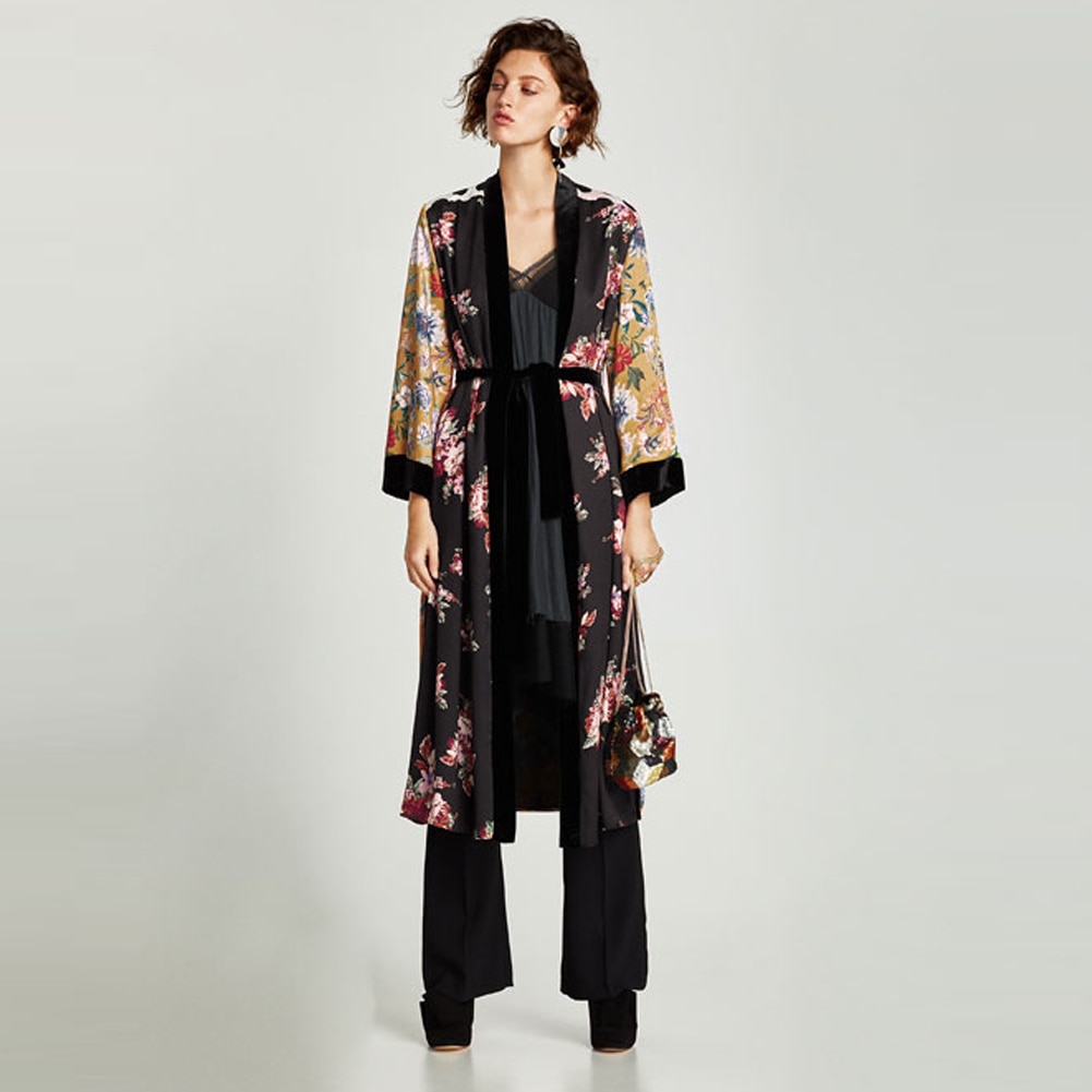 Women Flower Print Kimono Cardigan Blouse Bandage Summer Holiday Beach Cover Up Boho Long Loose Casual Shirts Robe with Belt