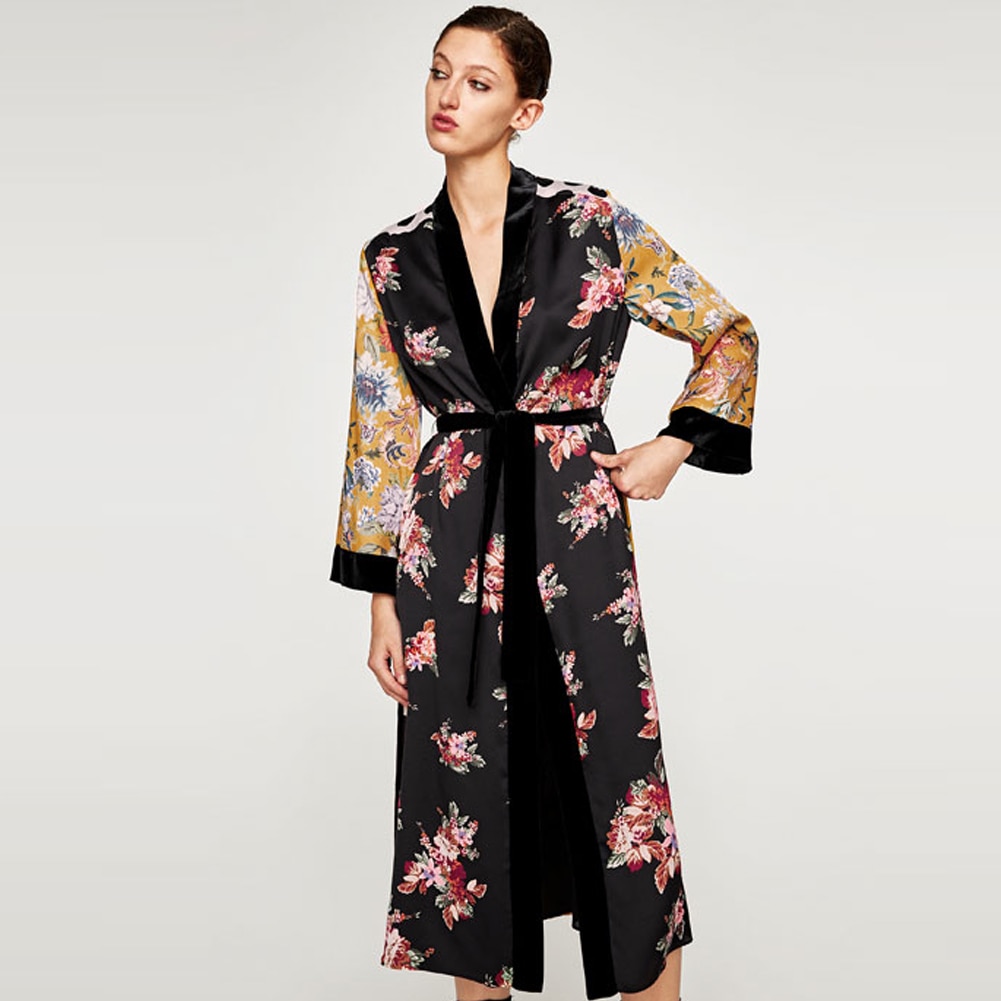 Women Flower Print Kimono Cardigan Blouse Bandage Summer Holiday Beach Cover Up Boho Long Loose Casual Shirts Robe with Belt