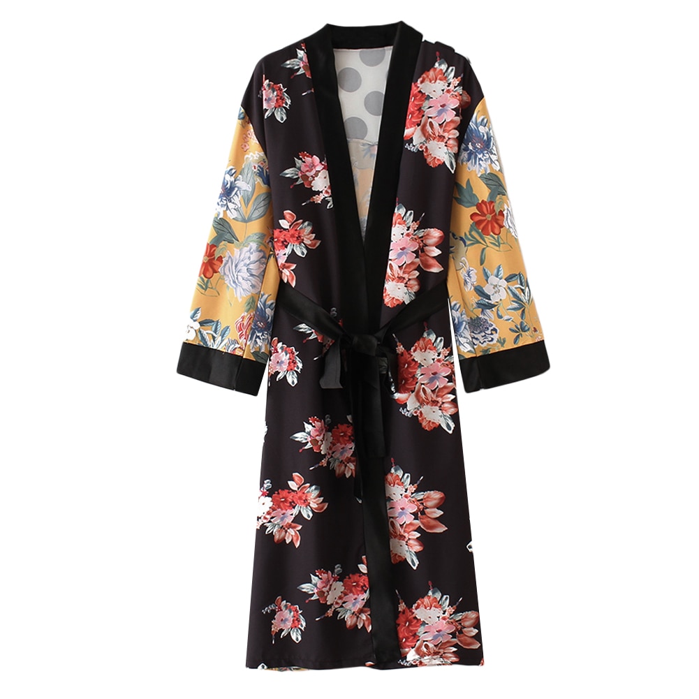 Women Flower Print Kimono Cardigan Blouse Bandage Summer Holiday Beach Cover Up Boho Long Loose Casual Shirts Robe with Belt