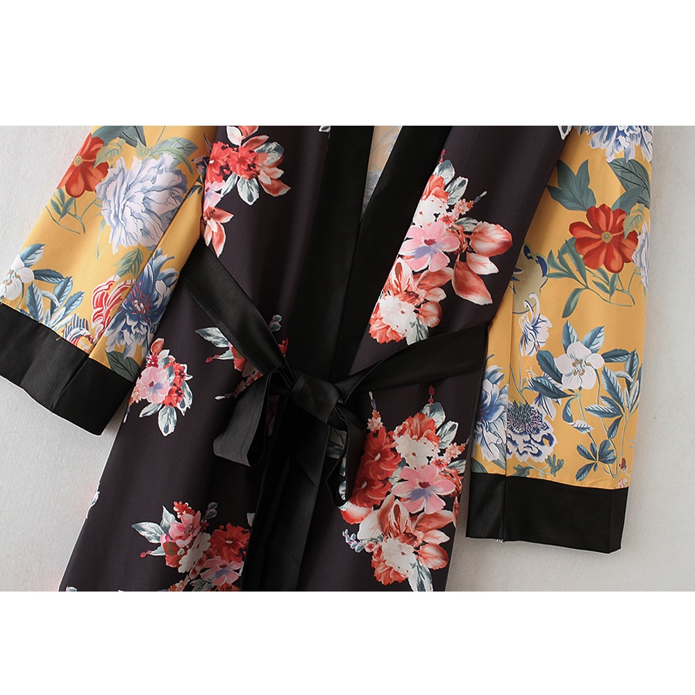 Women Flower Print Kimono Cardigan Blouse Bandage Summer Holiday Beach Cover Up Boho Long Loose Casual Shirts Robe with Belt