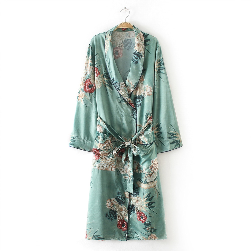 Women Flower Print Kimono Cardigan Blouse Bandage Summer Holiday Beach Cover Up Boho Long Loose Casual Shirts Robe with Belt