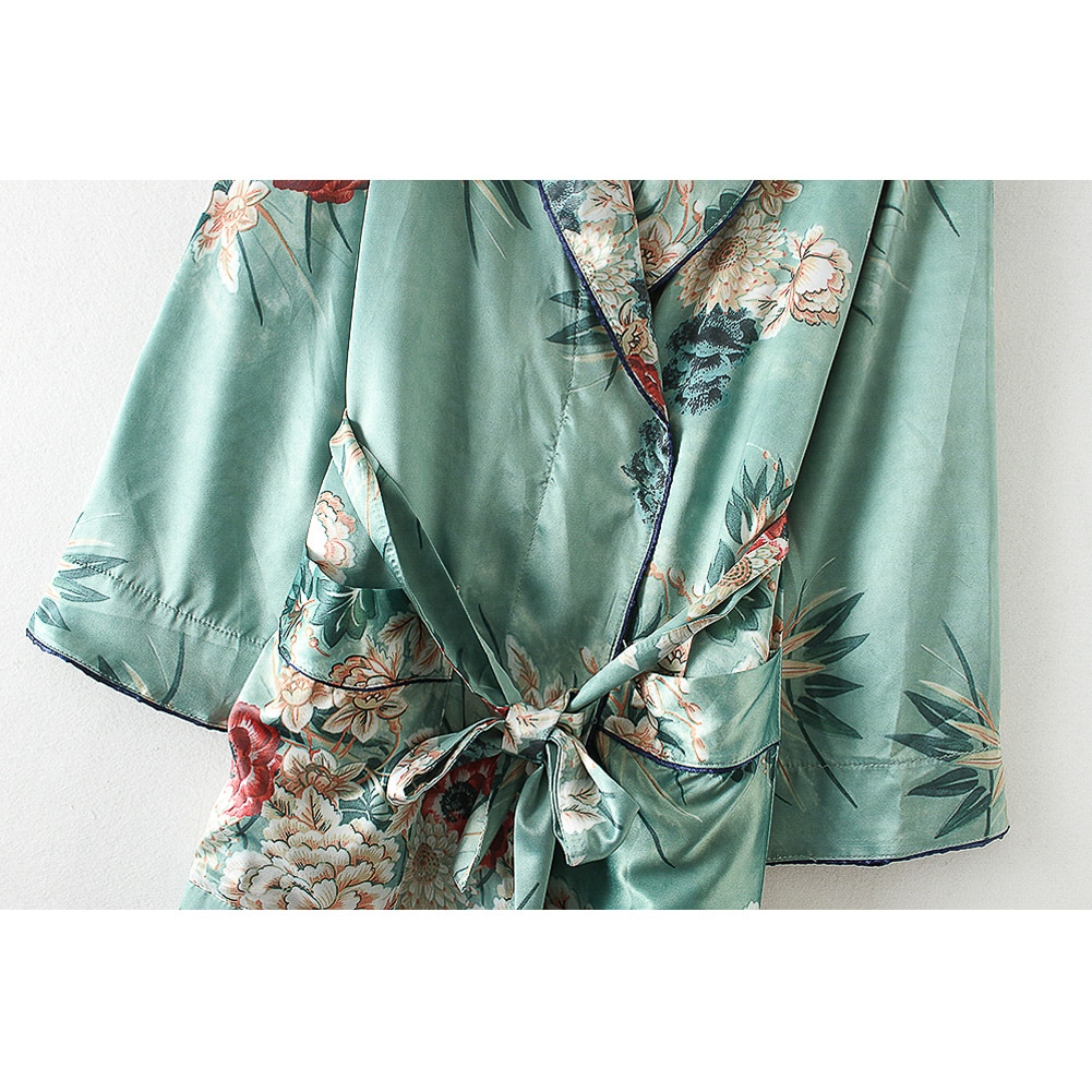 Women Flower Print Kimono Cardigan Blouse Bandage Summer Holiday Beach Cover Up Boho Long Loose Casual Shirts Robe with Belt