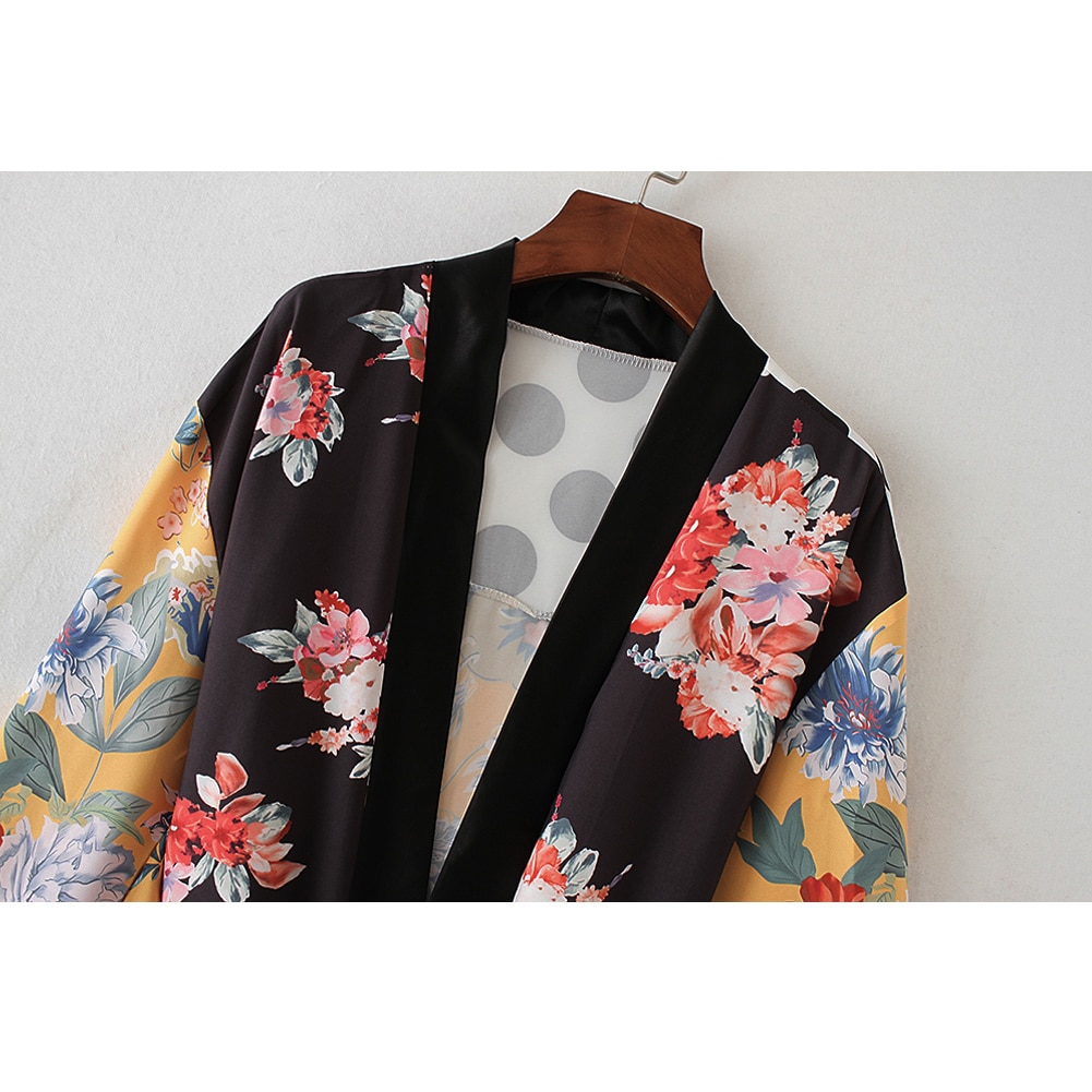 Women Flower Print Kimono Cardigan Blouse Bandage Summer Holiday Beach Cover Up Boho Long Loose Casual Shirts Robe with Belt