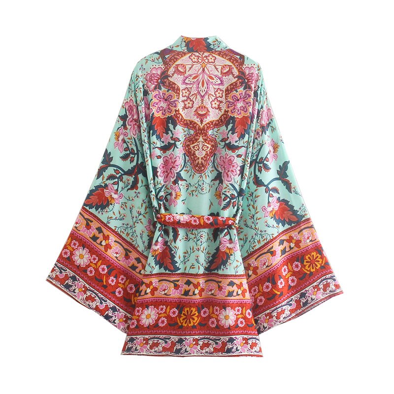 Boho Vintage Peacock Floral Print Sashes kimono Women bohemian V Neck batwing Sleeves happie short robe Kimono