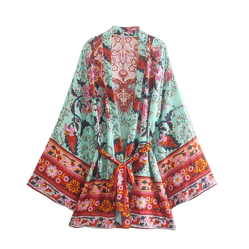 Boho Vintage Peacock Floral Print Sashes kimono Women bohemian V Neck batwing Sleeves happie short robe Kimono