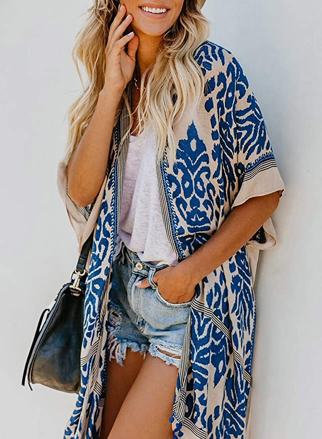 2021 Bohemian Printed V-neck Half Sleeve Plus Size Beach Wear Kimono Cardigan Tunic Women Tops and Blouses Shirts A367