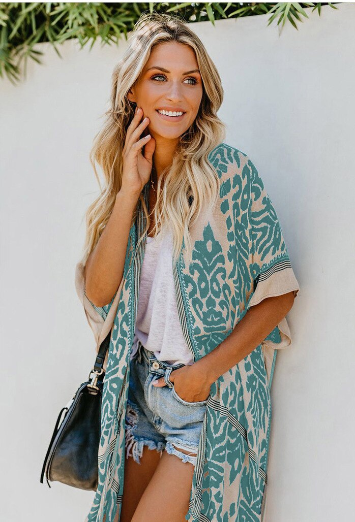 2021 Bohemian Printed V-neck Half Sleeve Plus Size Beach Wear Kimono Cardigan Tunic Women Tops and Blouses Shirts A367